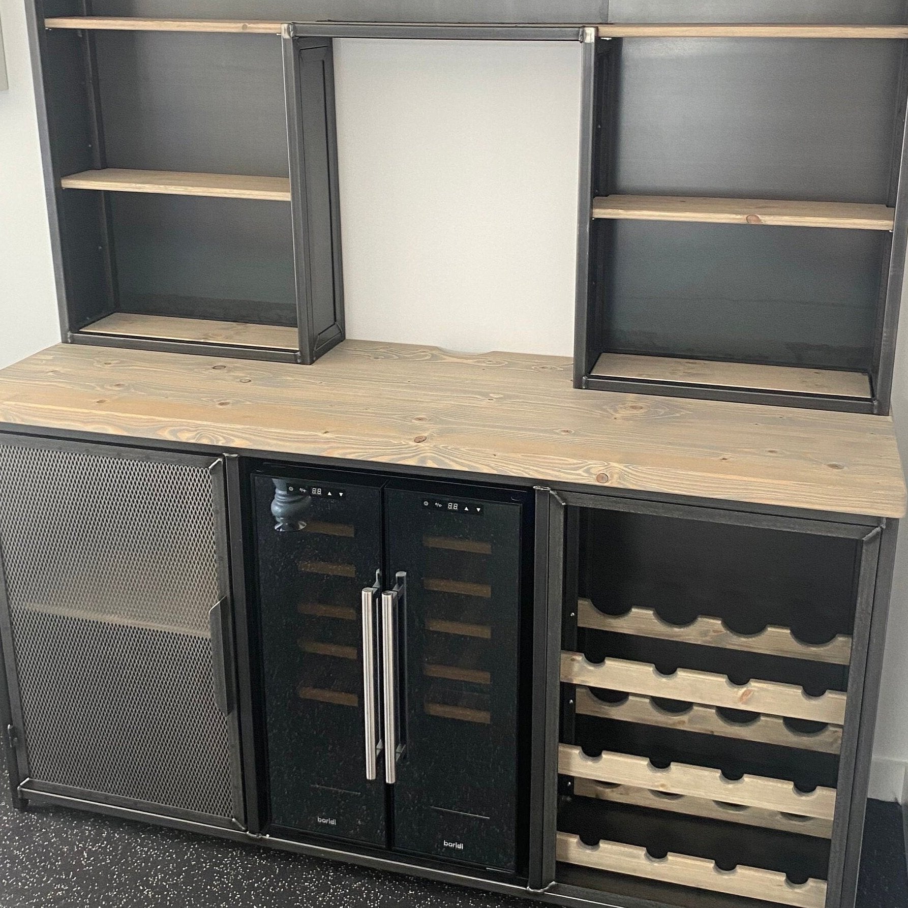 Industrial Home Bar Drinks Cabinet with Dual Zone Wine Fridge and Wine Rack RSD Furniture