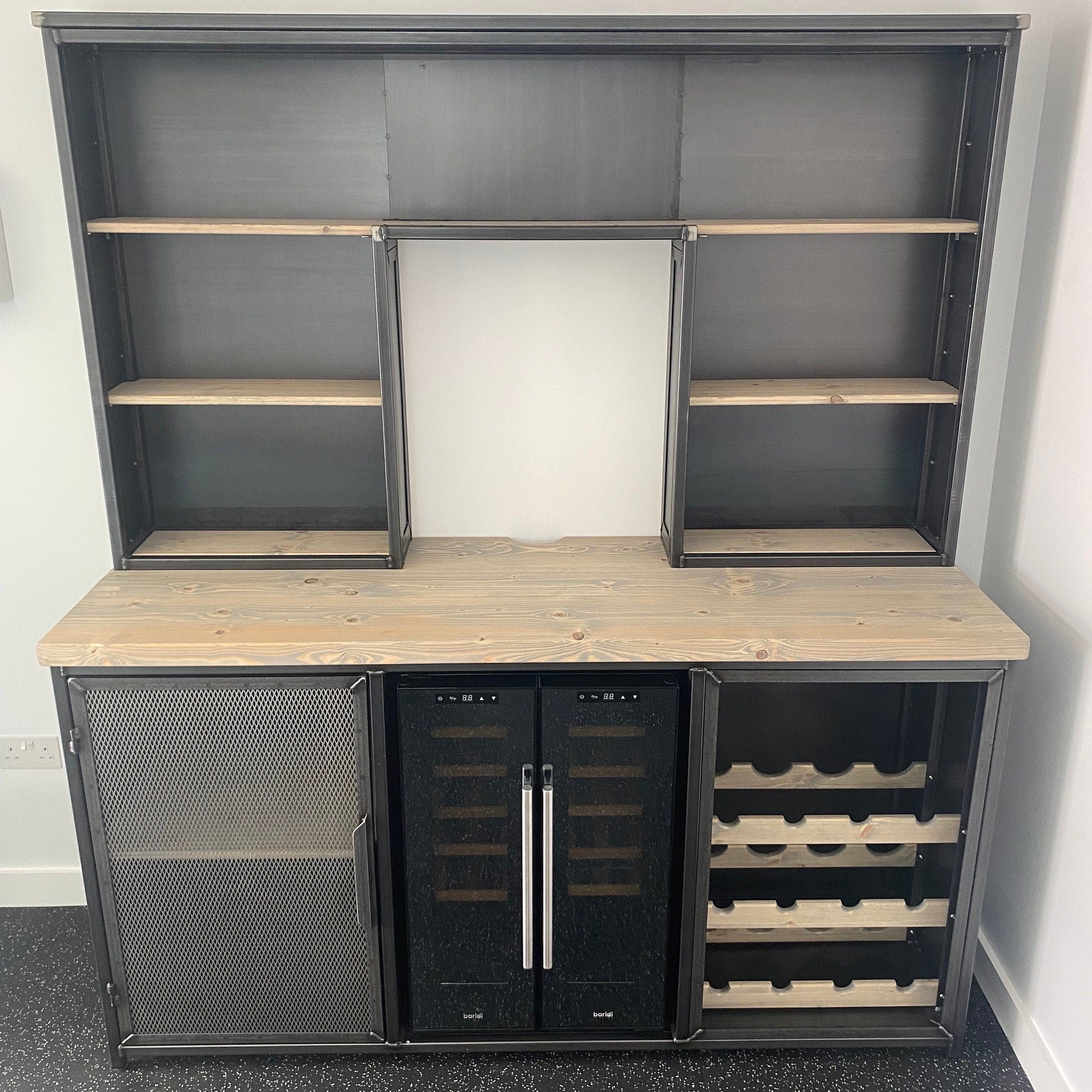 Industrial Home Bar Drinks Cabinet with Dual Zone Wine Fridge and Wine Rack  RSD Furniture    