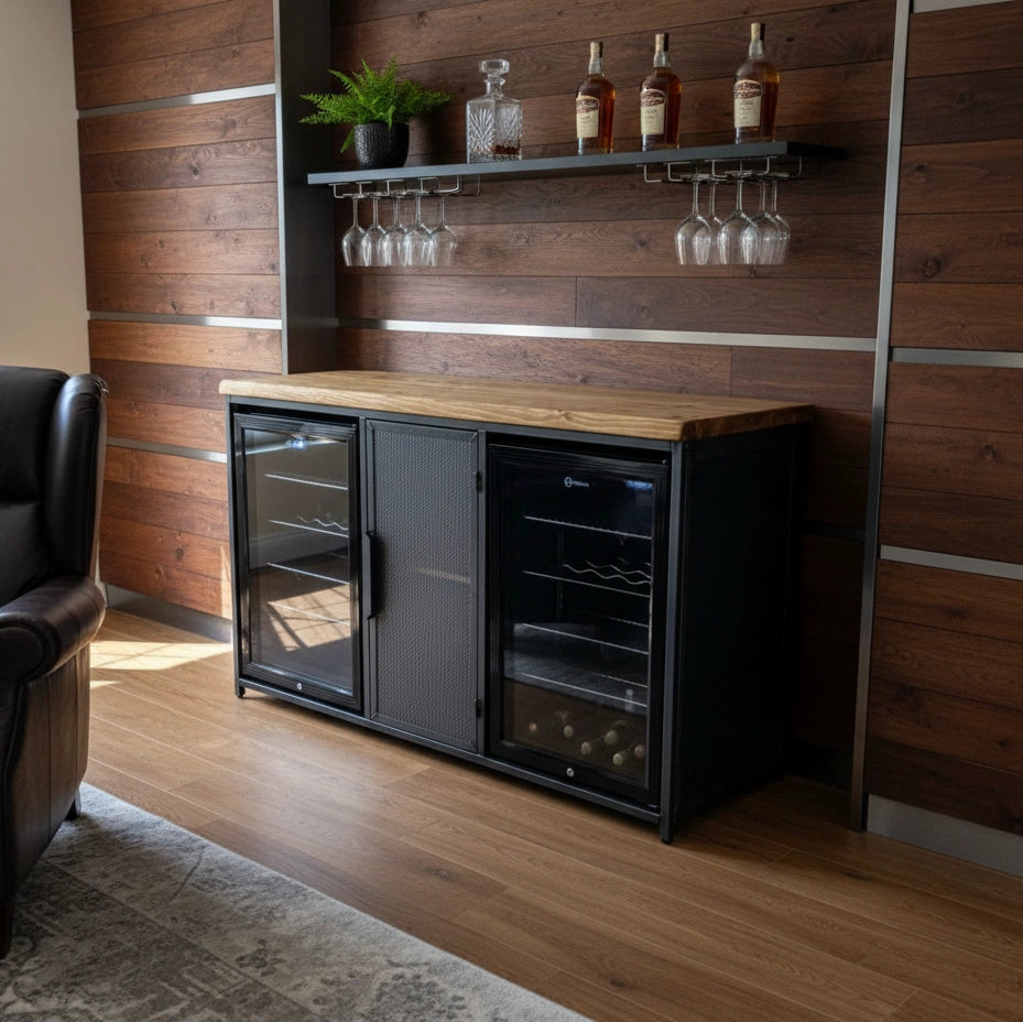 Modern home bar with wooden counter, wine bottles, and glasses against a wooden wall.