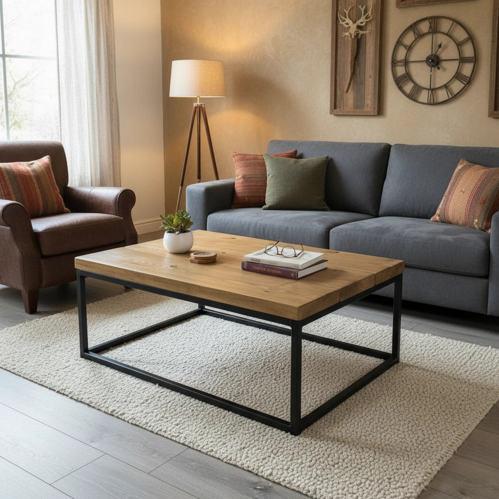 Living room with a gray sofa, brown armchair, wooden coffee table, and decorative elements.