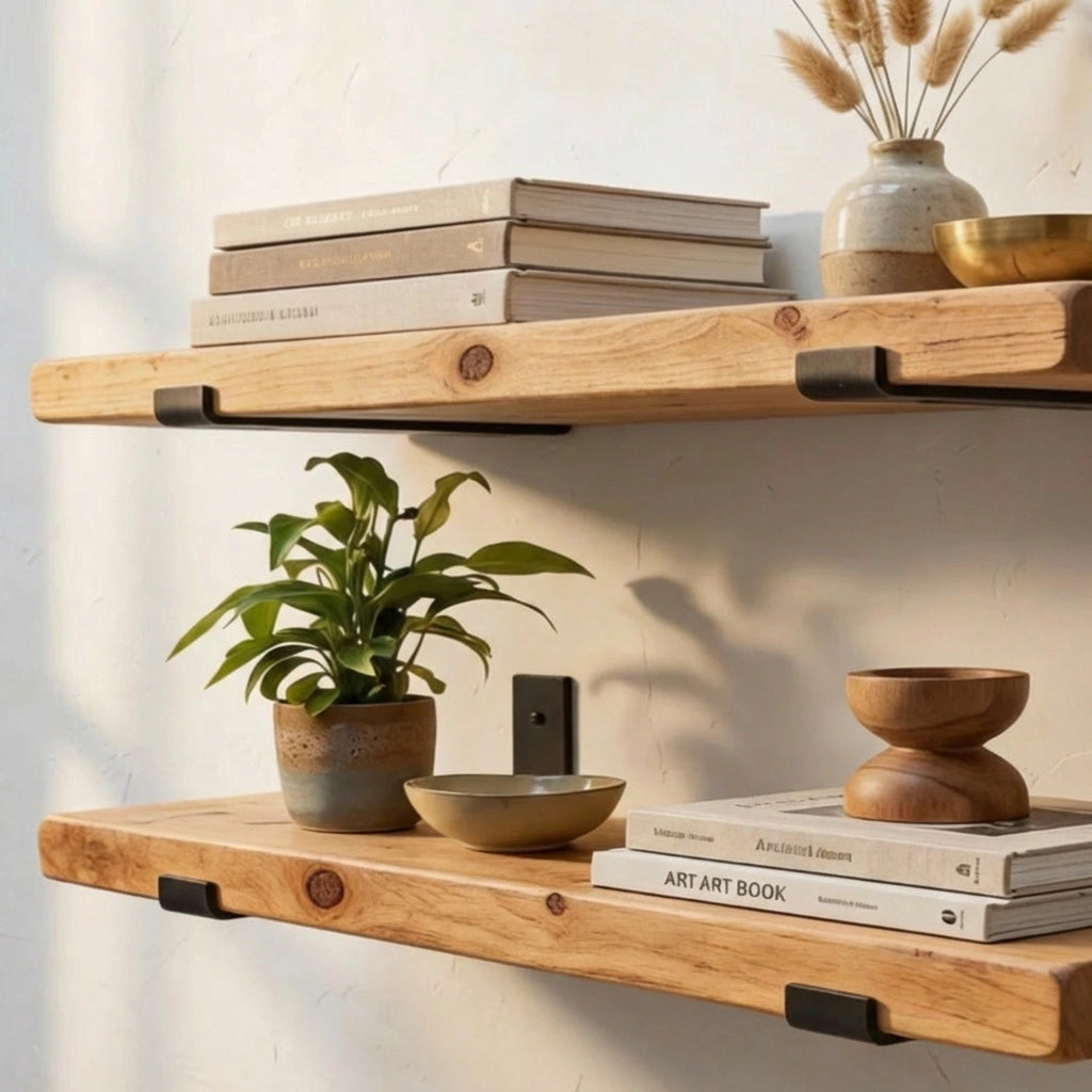 Wooden shelves with books, a plant, and decorative items against a light wall.