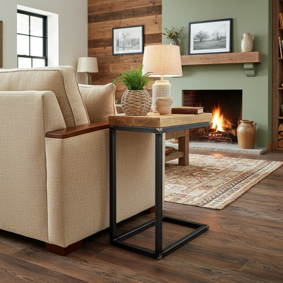 Modern C Shaped Sofa End Table Living room with beige sofa.