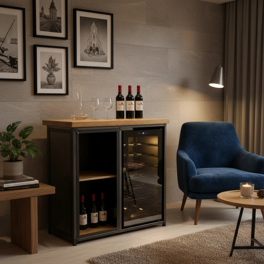 Modern home interior with a wine cooler, bottles, and a blue armchair.