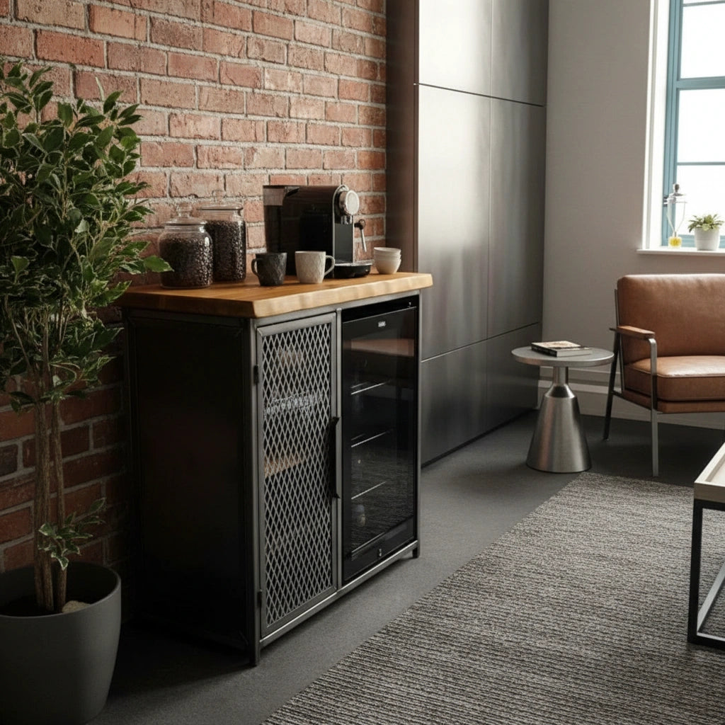 Industrial Coffee Cabinet Sideboard RSD Furniture. Modern kitchen with coffee stations against a brick wall