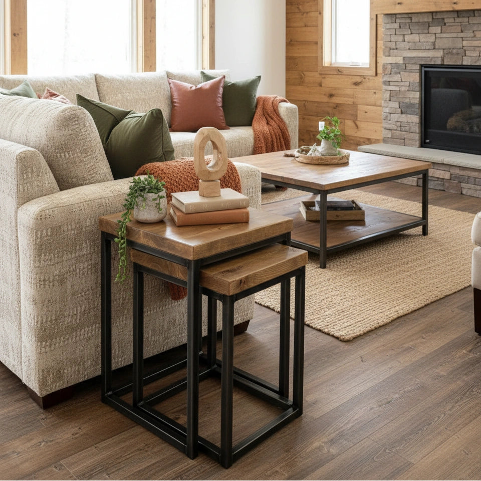 Cozy living room with a beige sofa, wooden coffee table, and decorative items.