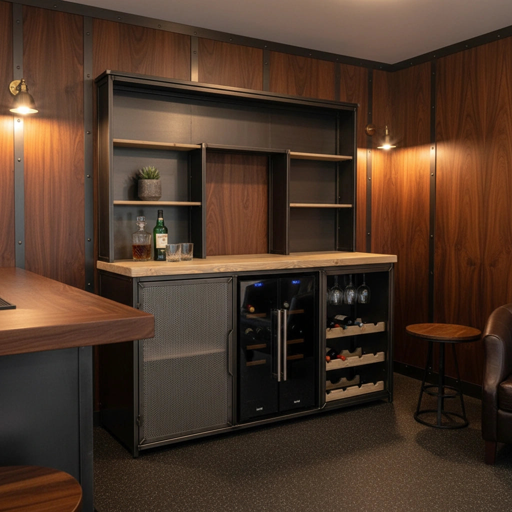 Modern home bar with wooden shelves, wine cooler, and lighting fixtures.