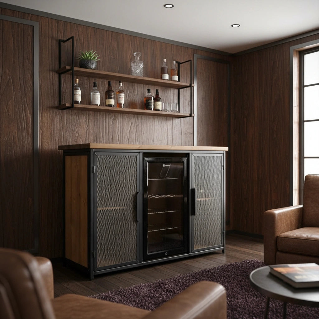 Modern home bar with wooden shelves and a refrigerator in a living room setting.