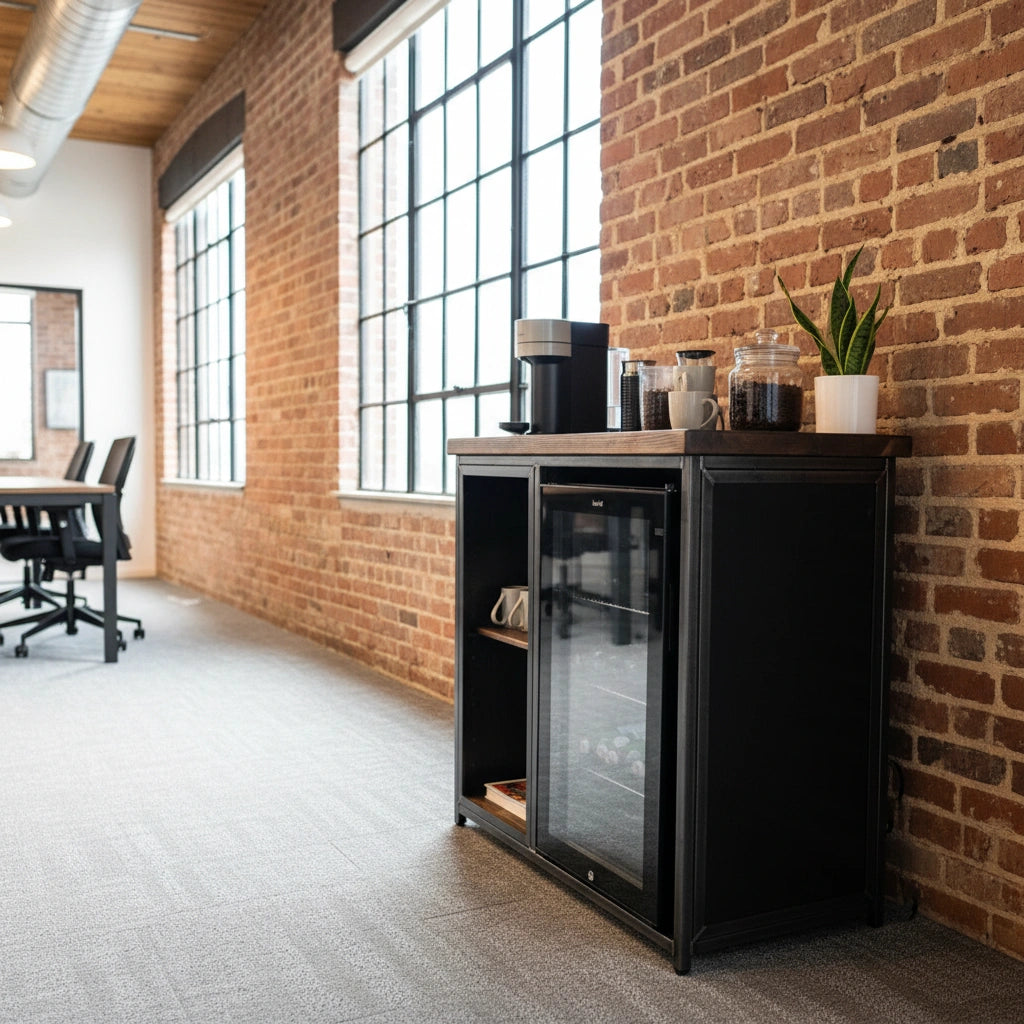 Office Coffee Station Cabinet RSD Furniture - Black refrigerator in an office setting with brick walls and large windows.