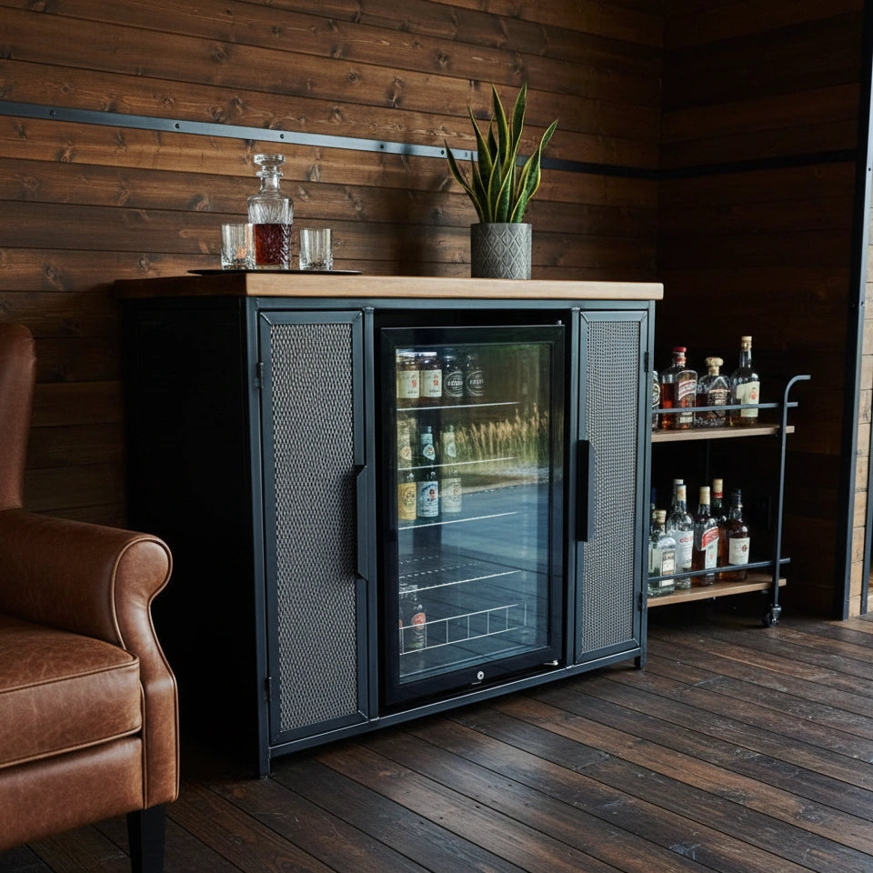 Industrial bar cabinet with fridge in medium brown finish - Drinks Cabinets - RSD Furniture