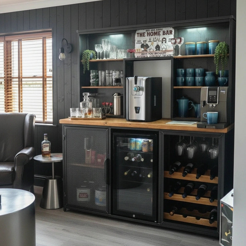 Modern home bar with coffee machine, wine bottles, and glasses in a stylish room.