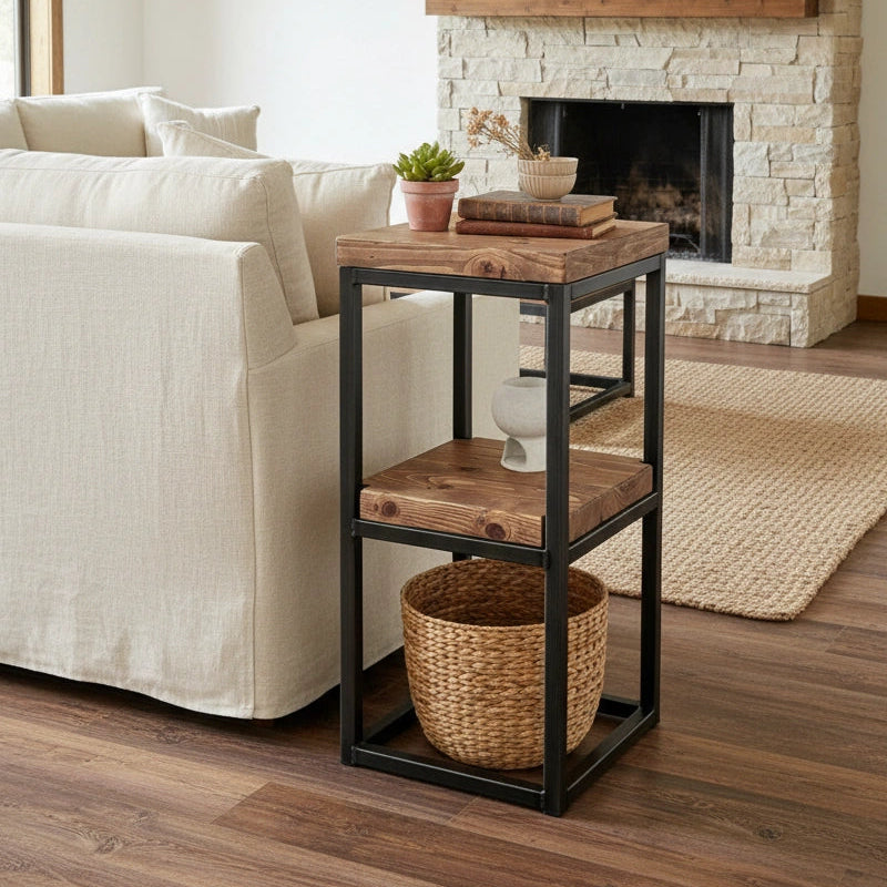 Living room with stone fireplace, wooden table, and beige sofa.