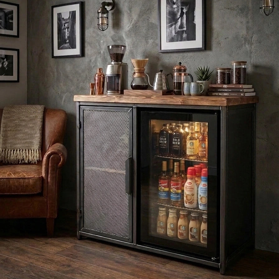 Industrial coffee and drinks cabinet with built-in fridge, black metal frame, mesh doors and wooden countertop, styled with coffee-making equipment in a modern industrial living room.