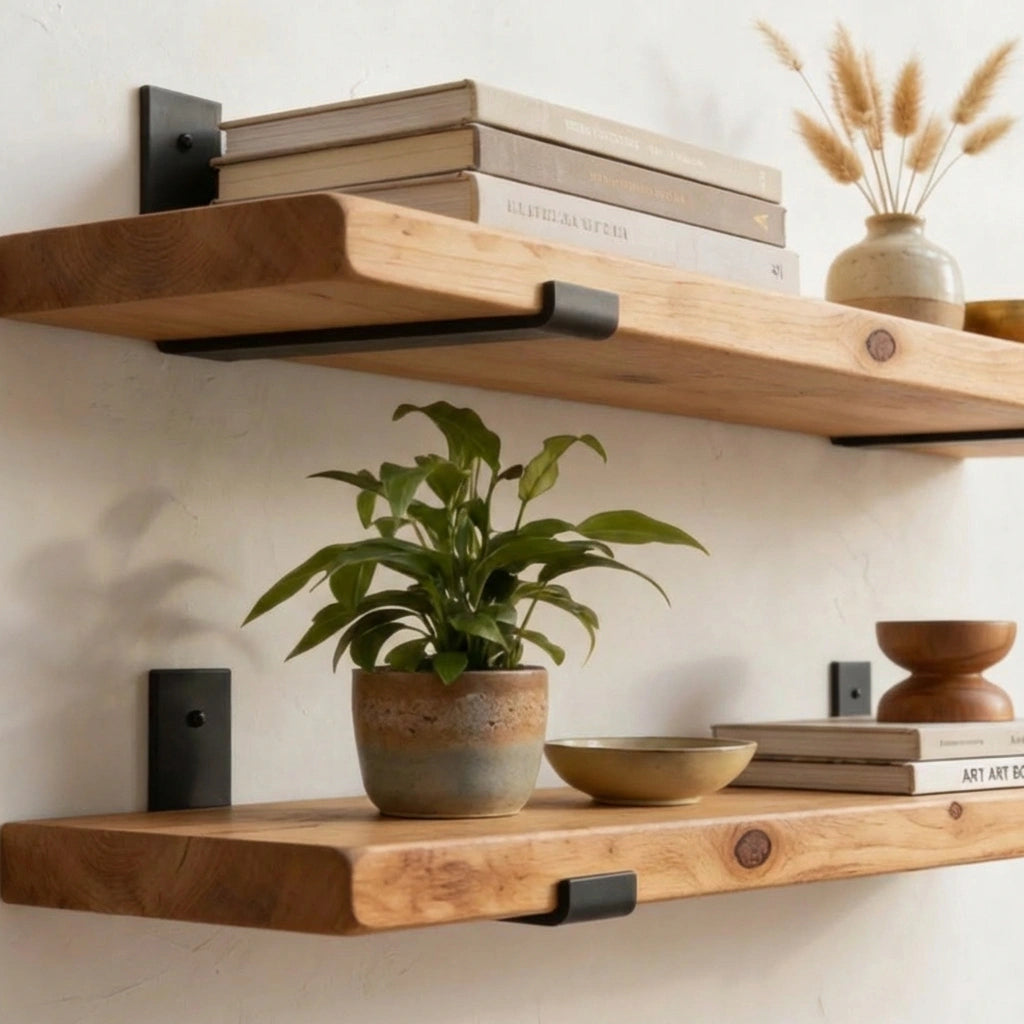 Wooden shelves with books, a plant, and decorative items against a neutral wall.
