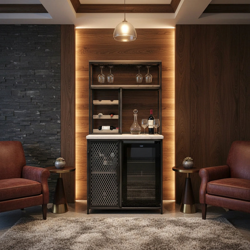 Modern bar setup with wine glasses and bottles in a stylish room with wooden walls and dark leather chairs.
