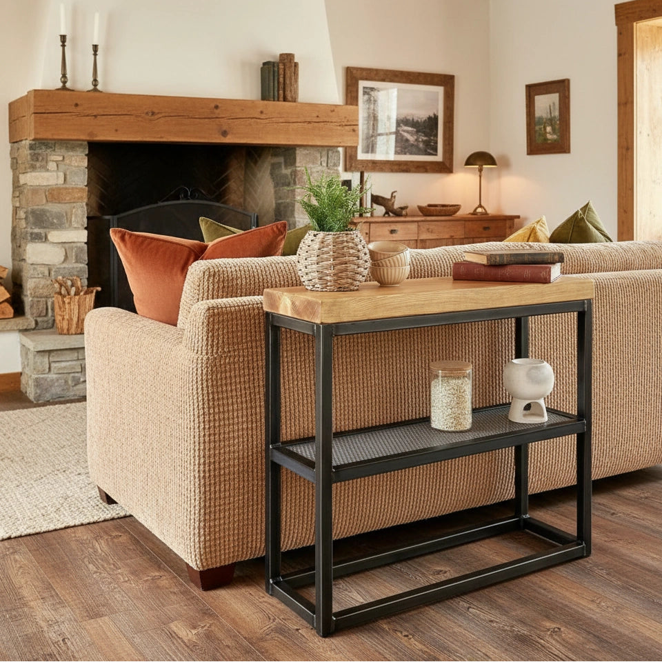 Living room with a sofa, coffee table, and fireplace.