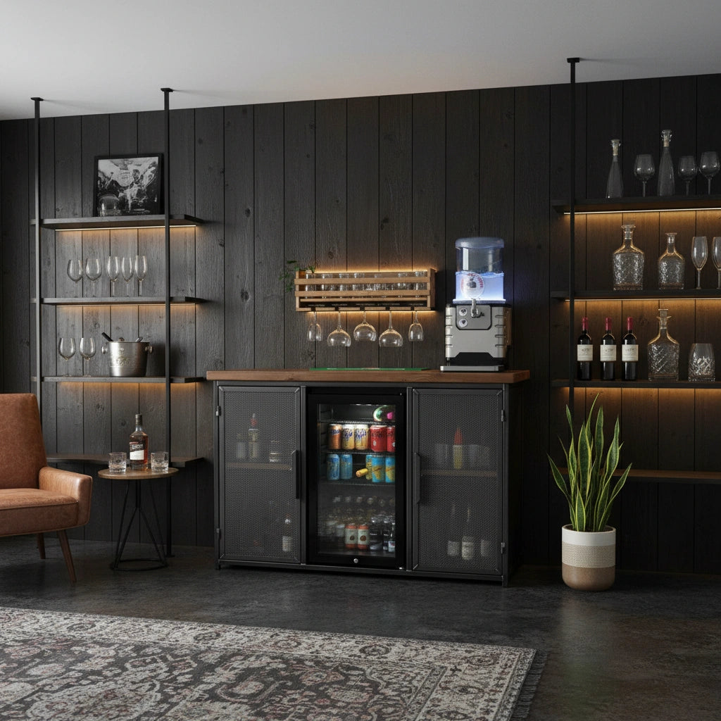 Modern bar area with shelves, drinks, and a refrigerator against a dark wooden wall.