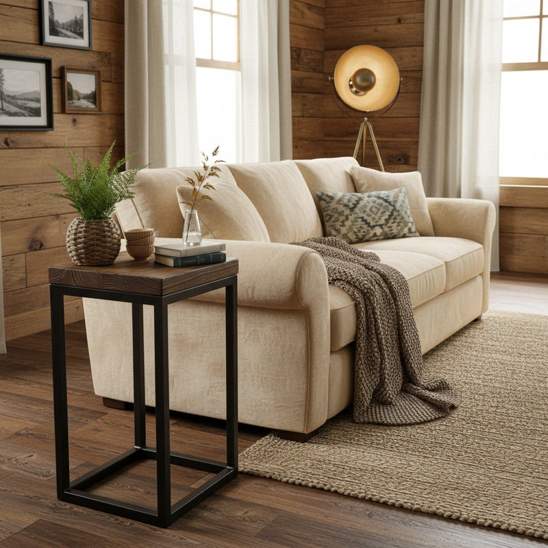 Industrial Side Table with Steel Frame – Handmade Rustic Furniture UK