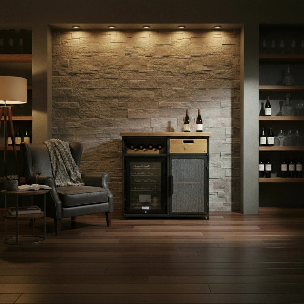 Modern wine cellar with a stone wall and wooden floor