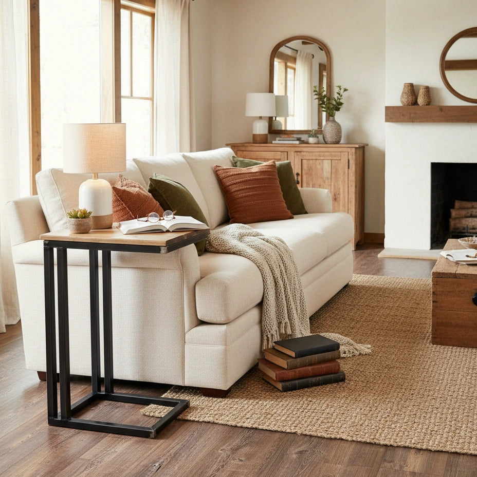 Sofa Couch Table | C Shaped Sofa Side Table  Cozy living room with a white sofa, wooden side table