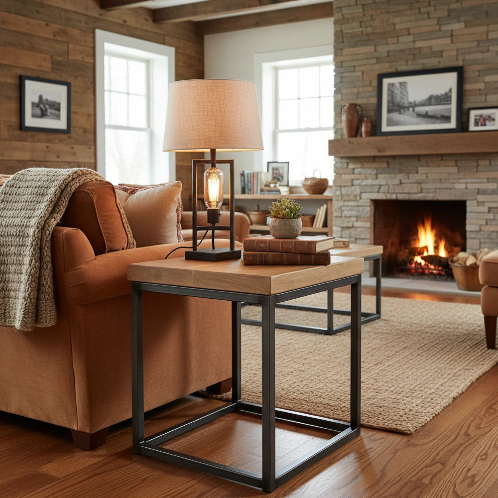 Cozy living room with a fireplace, lamp, and furniture.