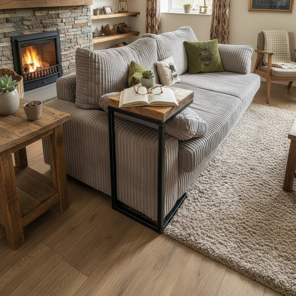 Compact C-Shaped Sofa Table  Living room with a gray sofa, wooden coffee table, and fireplace.
