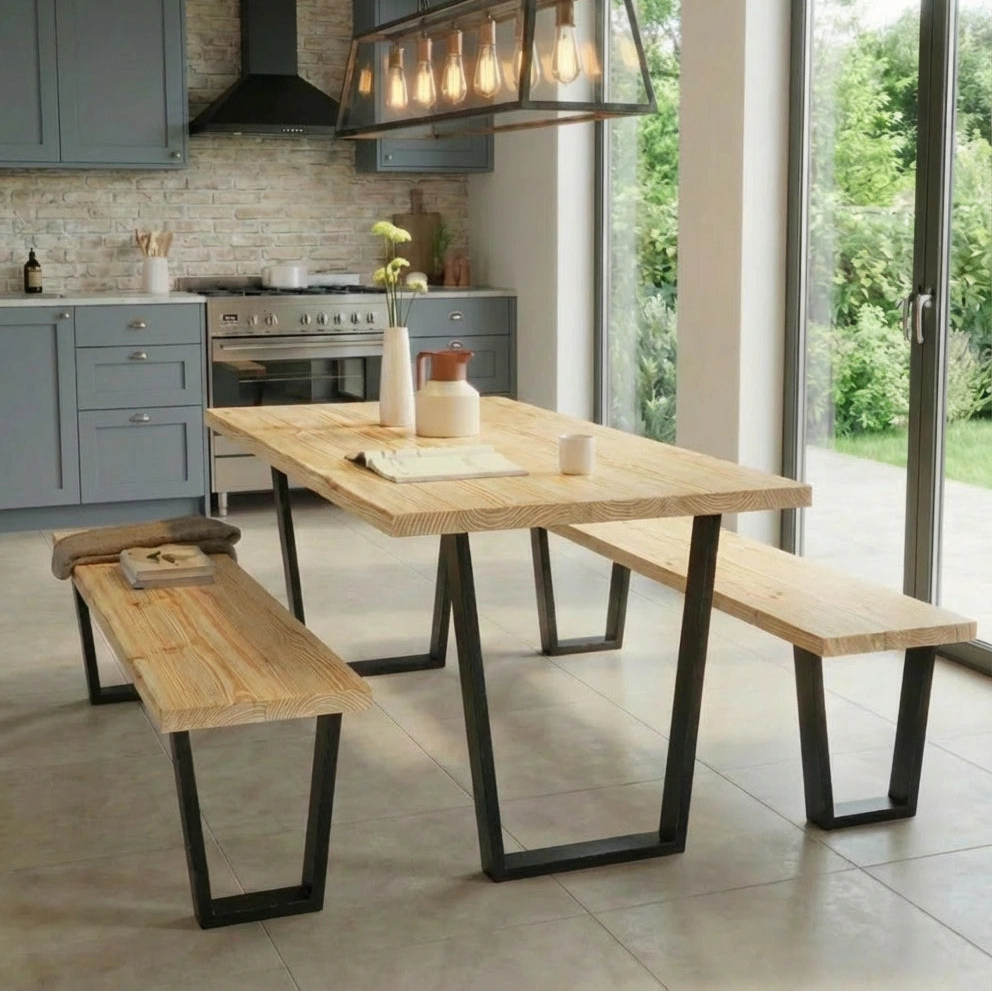 V-frame leg dining table set with solid redwood top and black steel V-frame legs