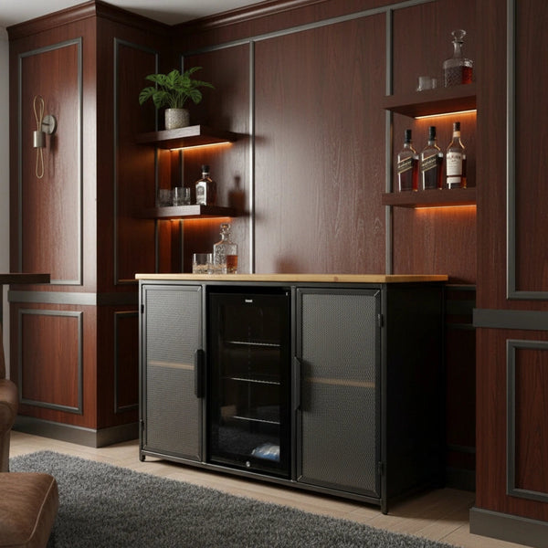 Industrial metal sideboard with built-in drinks fridge - Medium brown finish