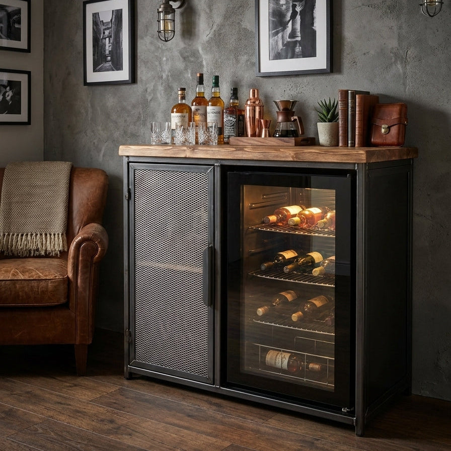  metal coffee bar cabinet with a rustic wood top, featuring a mesh door on the left and a glass-door wine cooler on the right. The cabinet is styled in a living room setting with bottles, glasses, and decor on top.