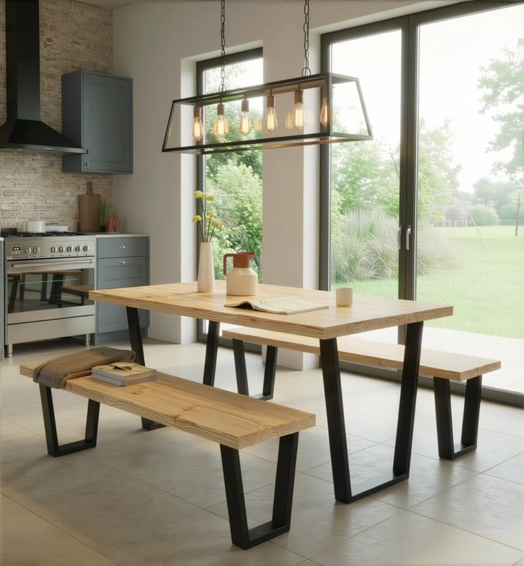 Steel V-frame leg dining table set – handmade in the UK with bench seating option