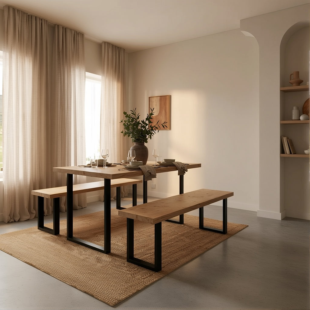 Industrial rustic square leg dining table – redwood top with powder-coated steel legs