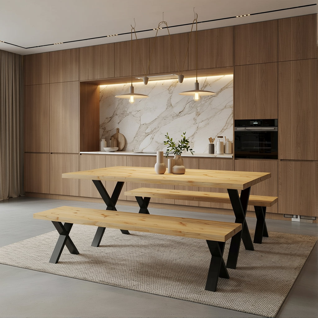 Steel X-frame leg dining table set – handmade in the UK with bench seating option