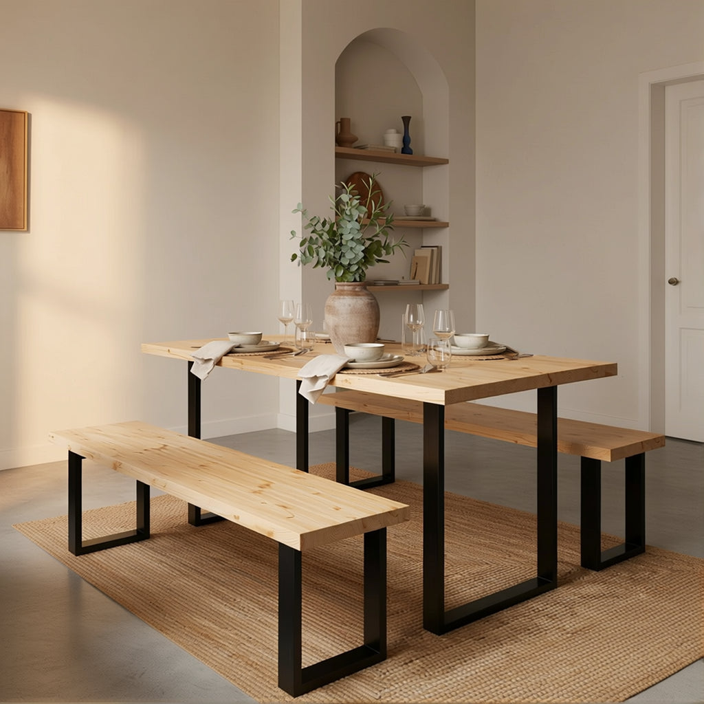Square metal leg dining table set – handmade in the UK with bench seating option