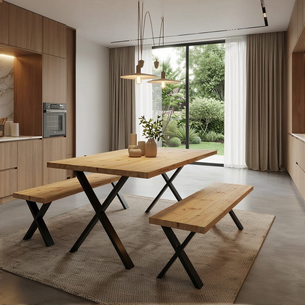 Industrial rustic X-leg dining table – redwood top with powder-coated steel legs