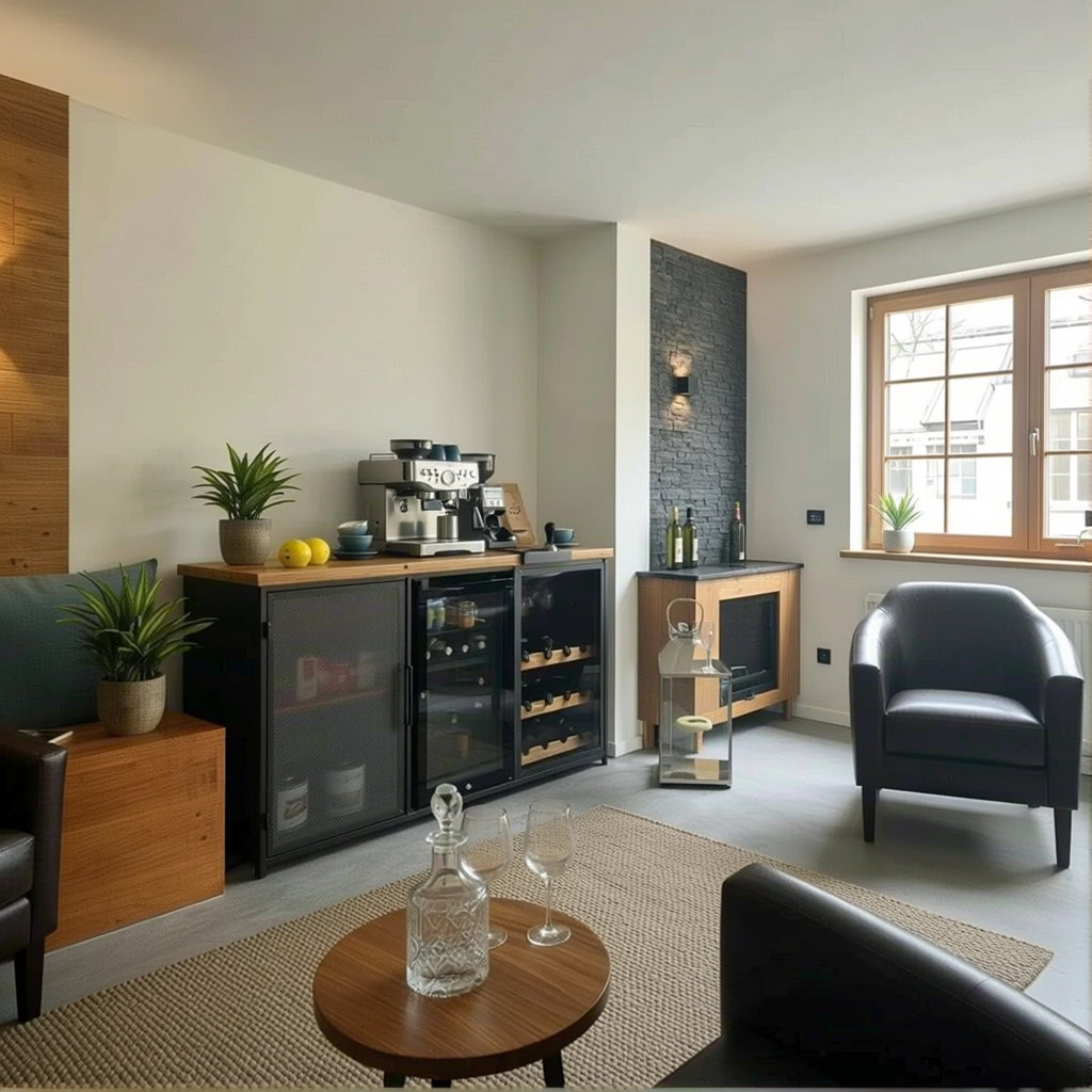 Modern living room with kitchenette area, black armchair, and coffee table.