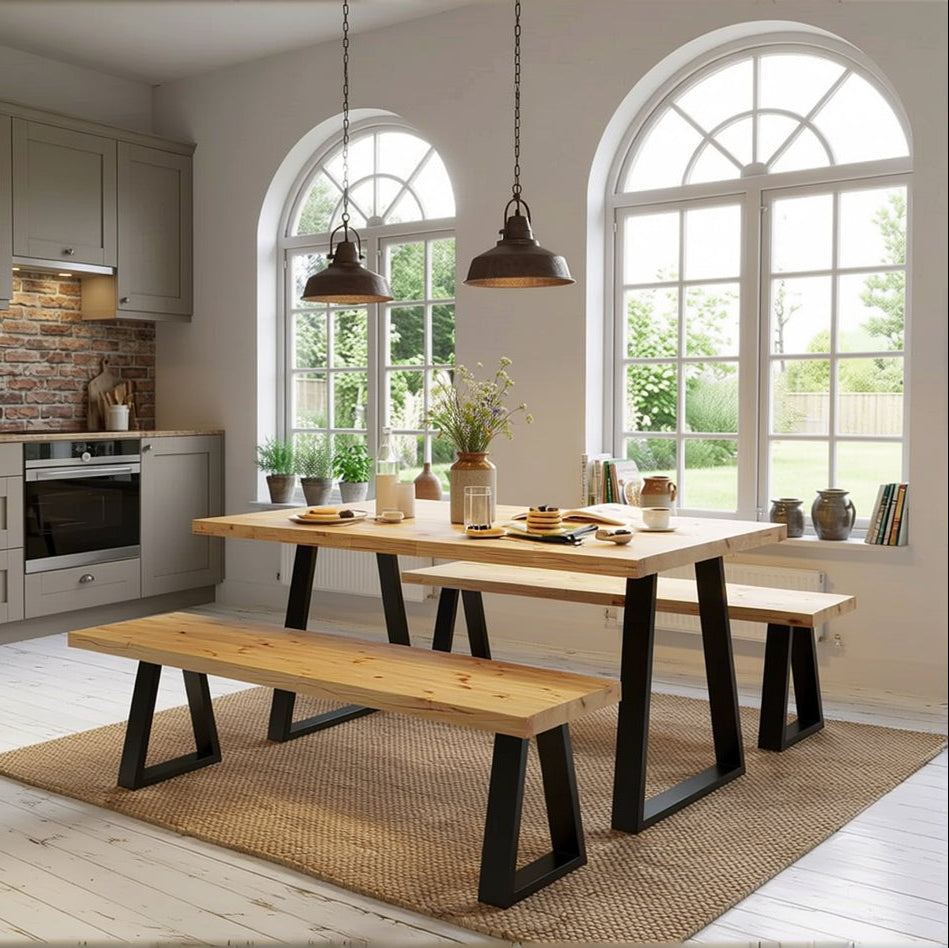 Industrial rustic trapezium leg dining table – redwood top with powder-coated steel legs