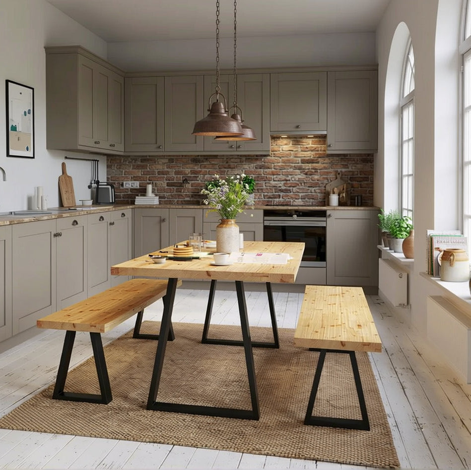 Trapezium leg dining table set with solid redwood top and black steel trapezium legs