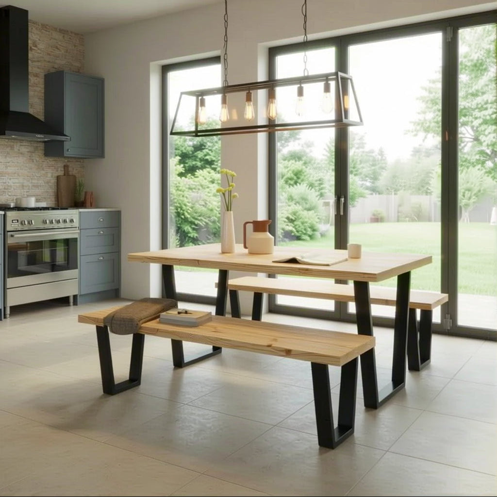 Industrial rustic V-frame dining table – redwood top with powder-coated steel V-legs