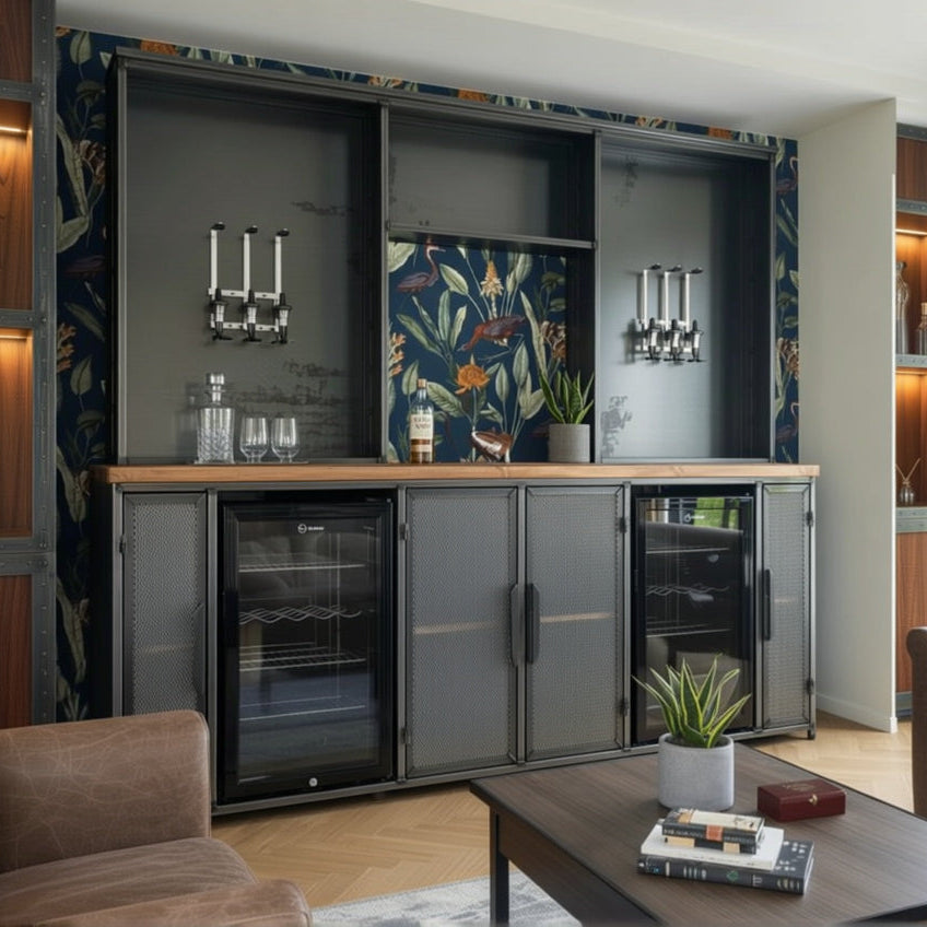 Modern kitchen with bar area featuring cabinets, appliances, and decor. Home Bar Unit - Industrial Mancave Drinks Cabinet