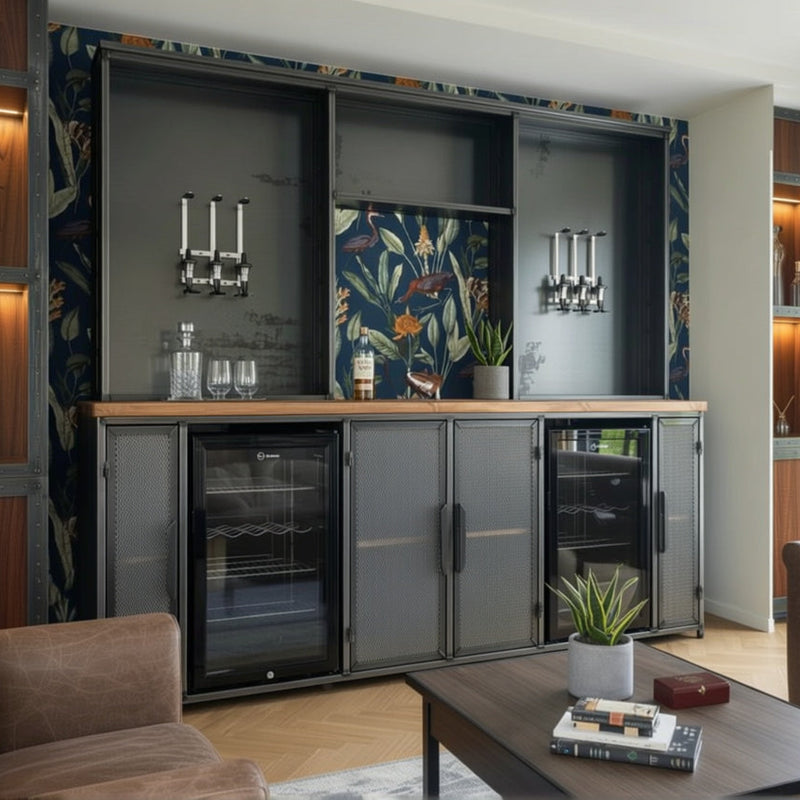 Modern kitchen with bar area featuring cabinets, appliances, and decor. Home Bar Unit - Industrial Mancave Drinks Cabinet