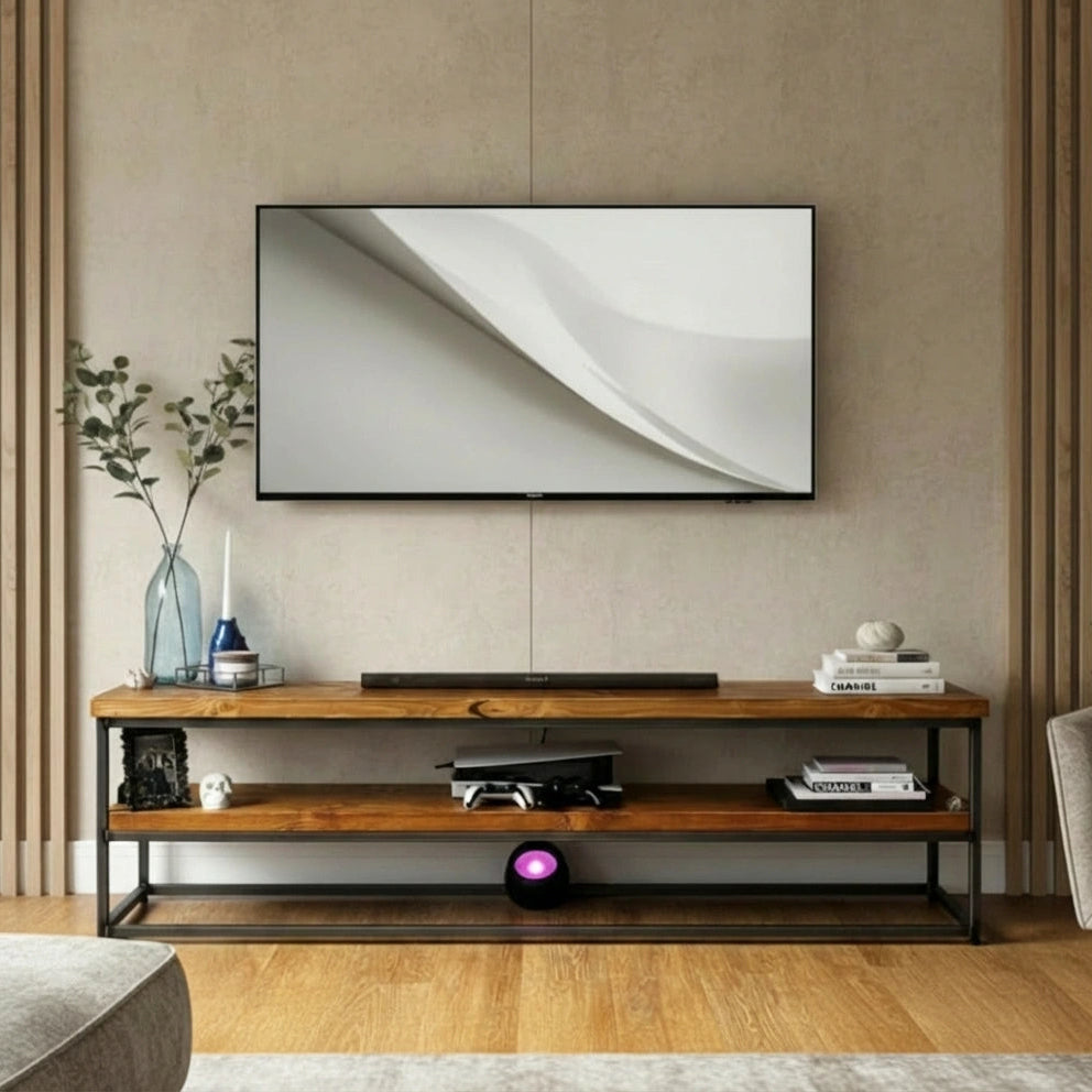 Modern living room with a television mounted on the wall above a wooden TV stand.