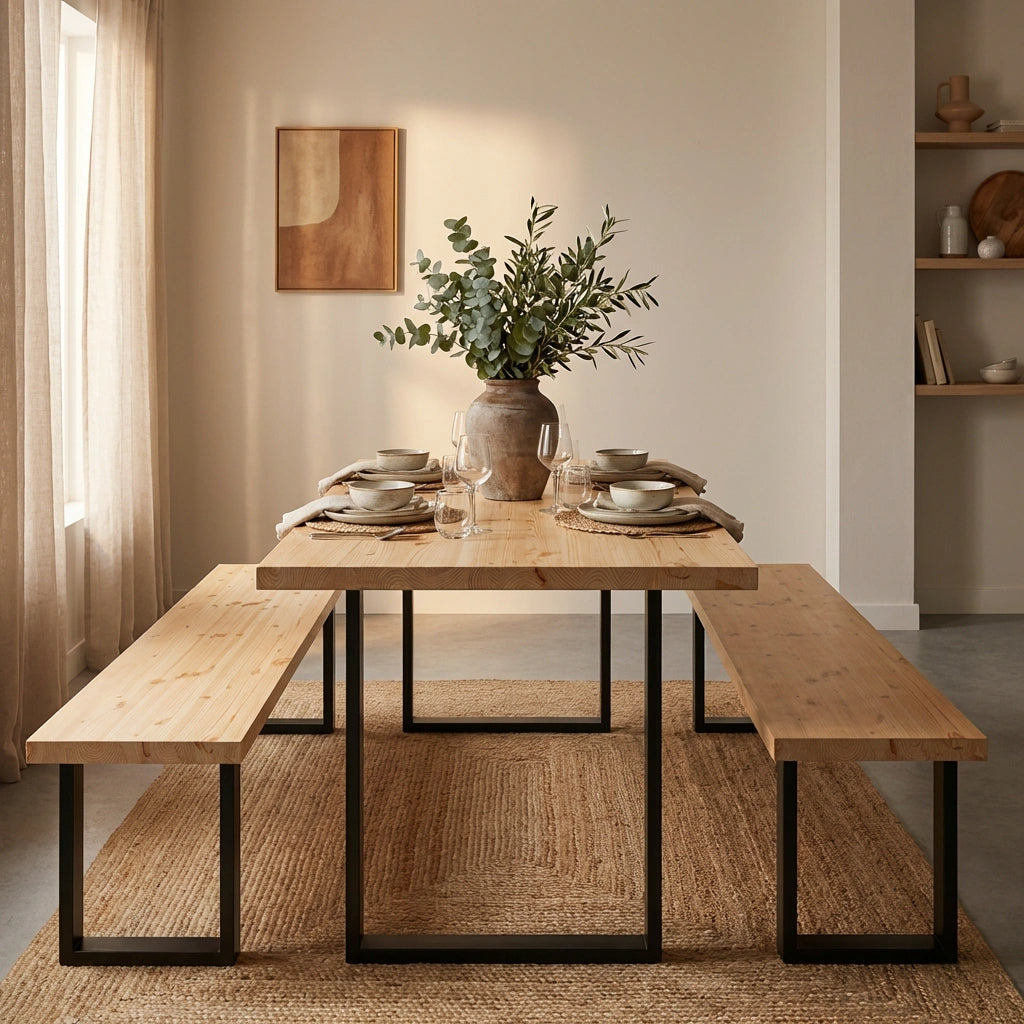 Square leg dining table set with solid redwood top and black steel square legs