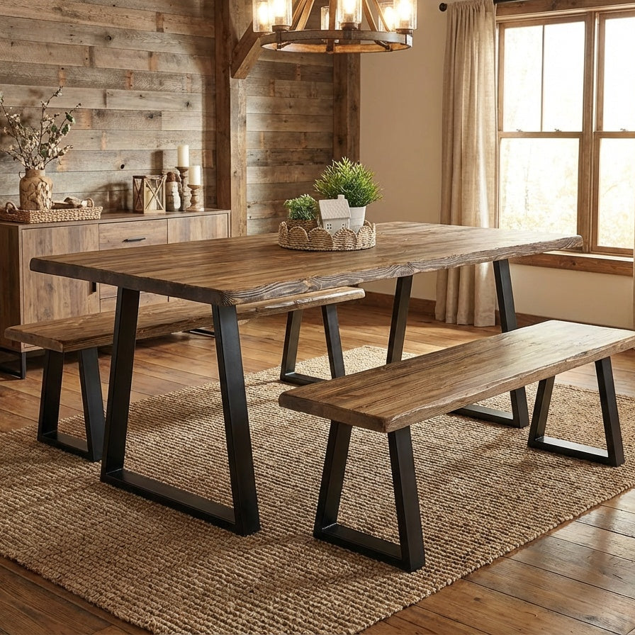 Wooden dining table with benches in a rustic-style room with wooden walls and large windows.