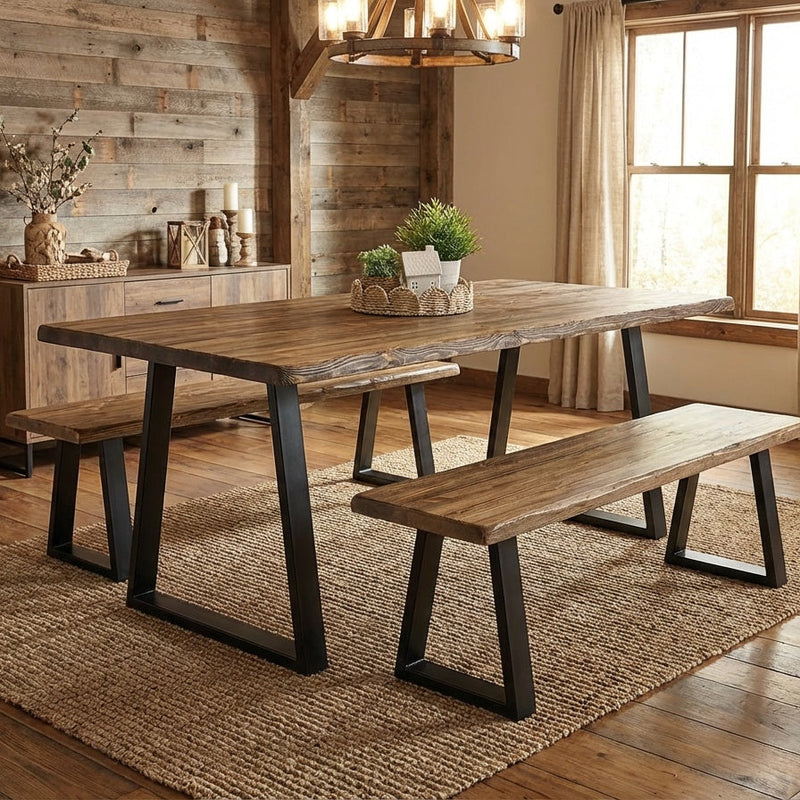 Wooden dining table with benches in a rustic-style room with wooden walls and large windows.