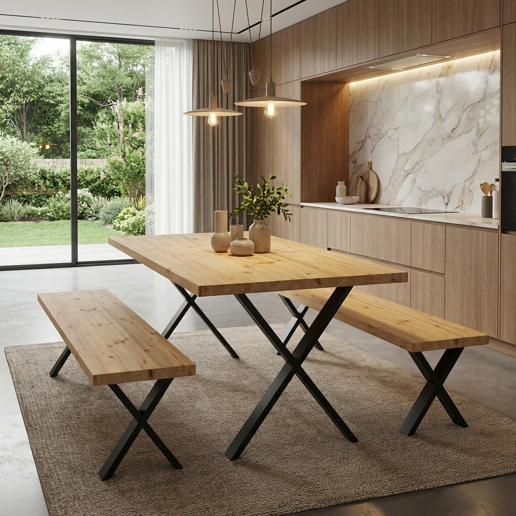 X-leg dining table set with solid redwood top and black steel X-frame legs