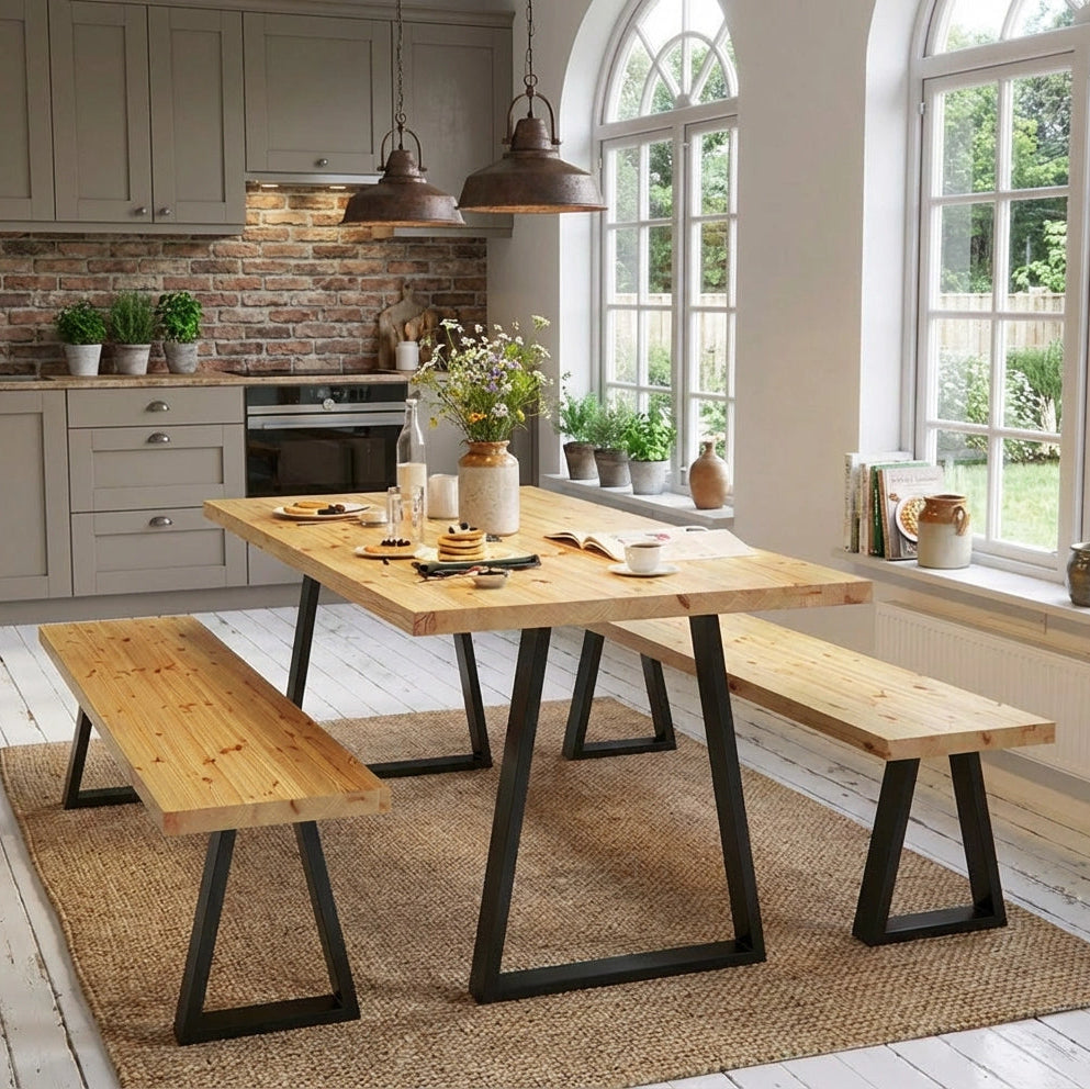 Trapezium metal leg dining table set – handmade in the UK with bench seating option
