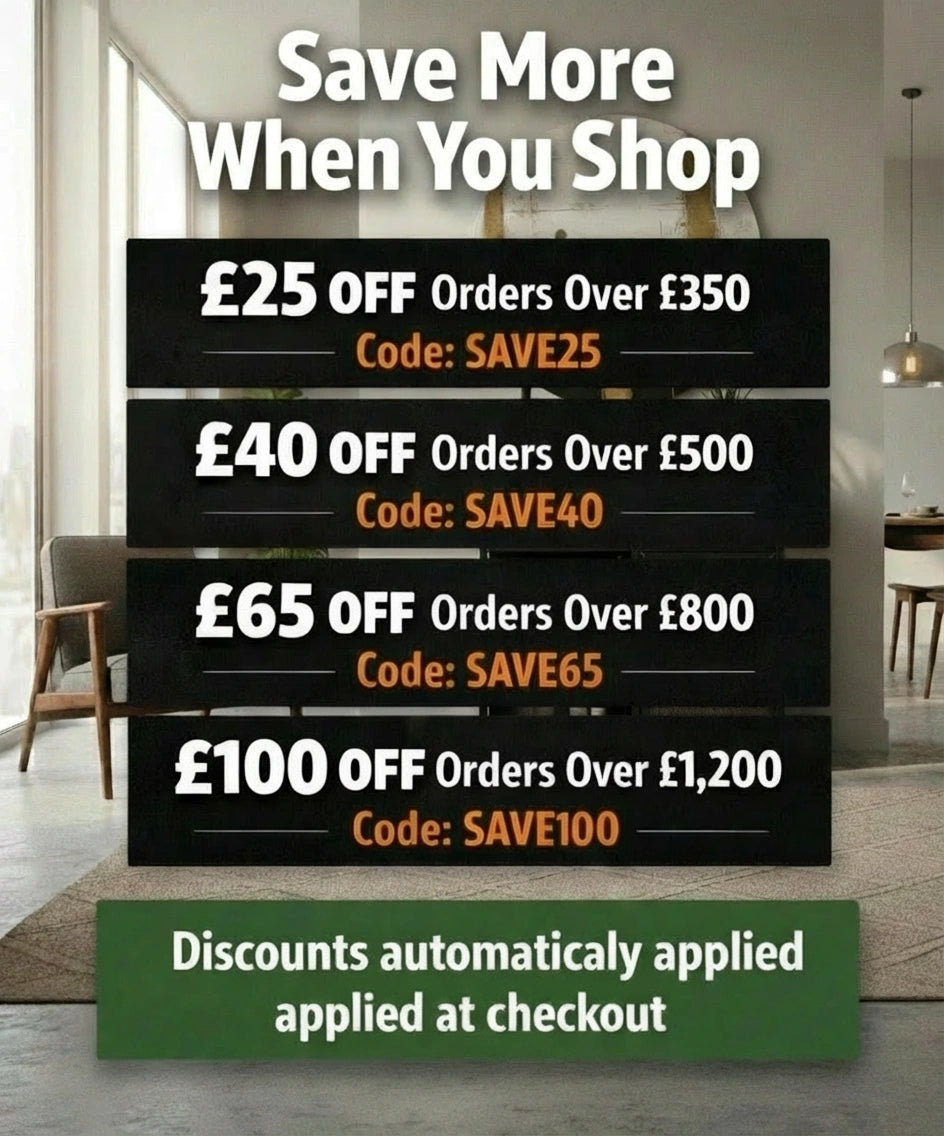 Promotional sign with discount information in a modern interior setting