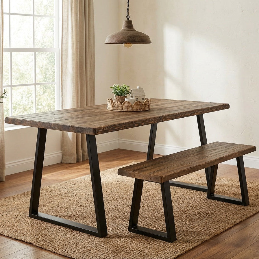 Industrial rustic live edge dining table – wood top with powder-coated steel trapezium legs