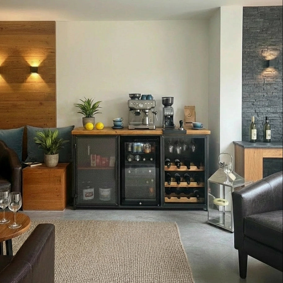 Modern living room with coffee station and decorative elements