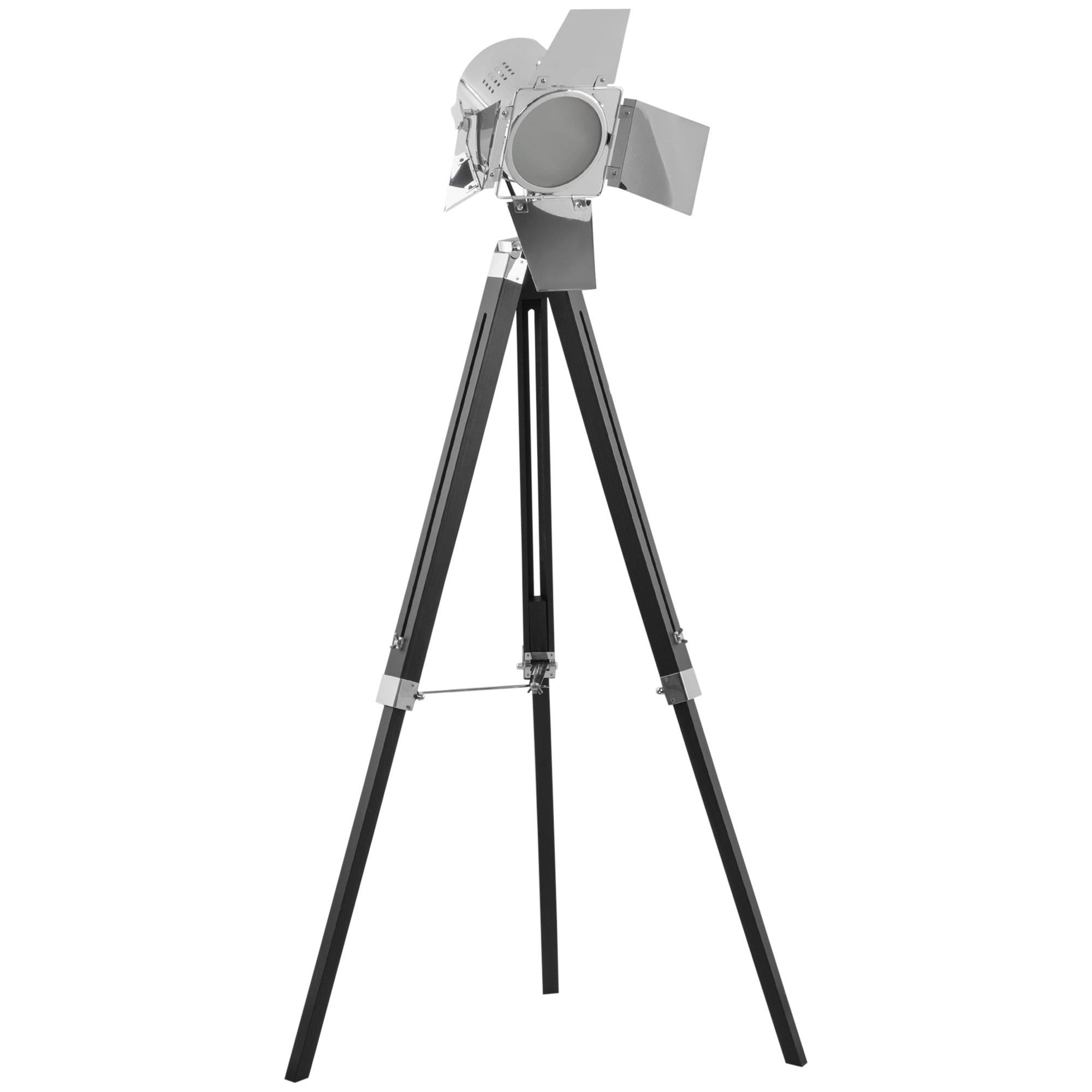 Industrial Tripod Floor Lamp, Nautical Cinema Standing Spotlight with Wood Legs and Adjustable Height for Living, Bedroom, Black and Silver  AOSOM   