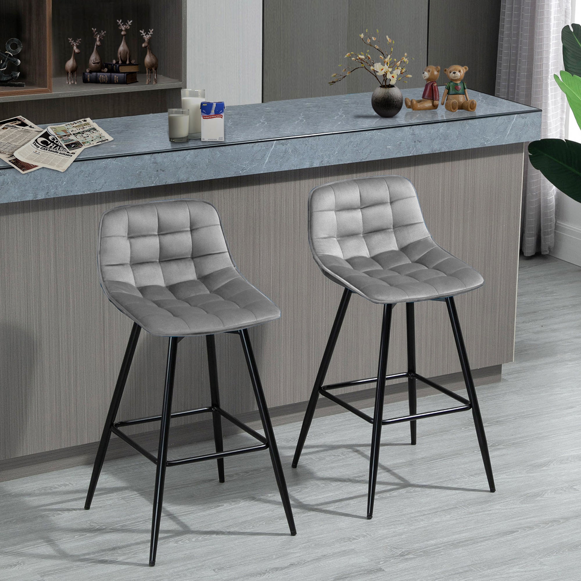 Set of 2 Bar stools With Backs Velvet-Touch Dining Chairs Kitchen Counter Chairs  Fabric Upholstered seat with Metal Legs, Backrest, Grey  AOSOM   